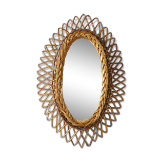 Miroir ovale en rotin vintage années 60 - 38x56cm