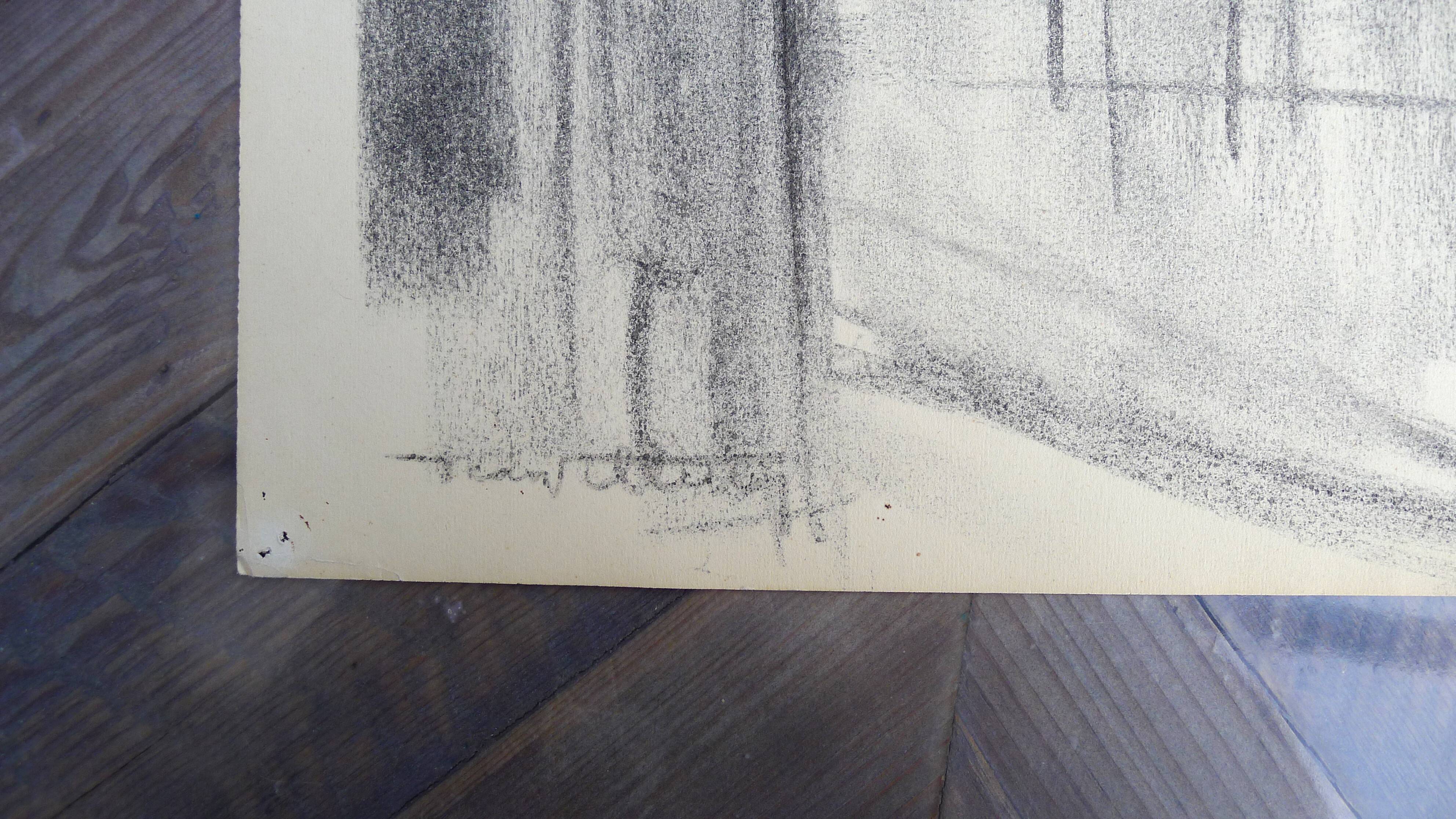 Uzerche, original charcoal drawing by Jean Villette (1913-2005)