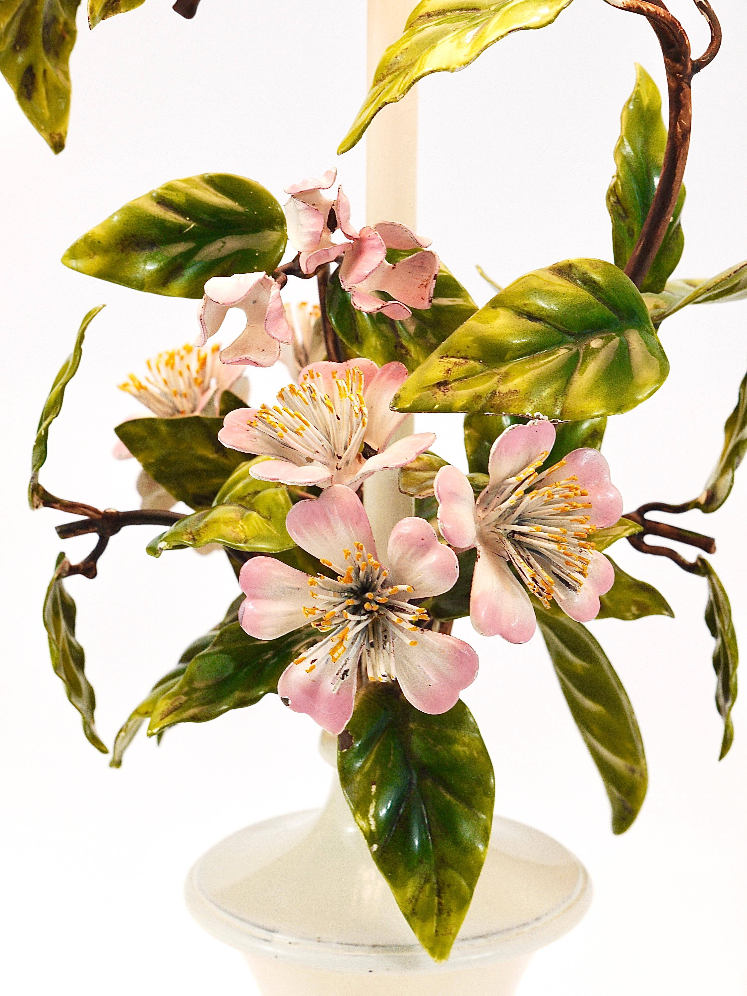 Hand-painted Toleware table lamp with wild apple blossom flowers, Salvadori, Italy, 1950s.