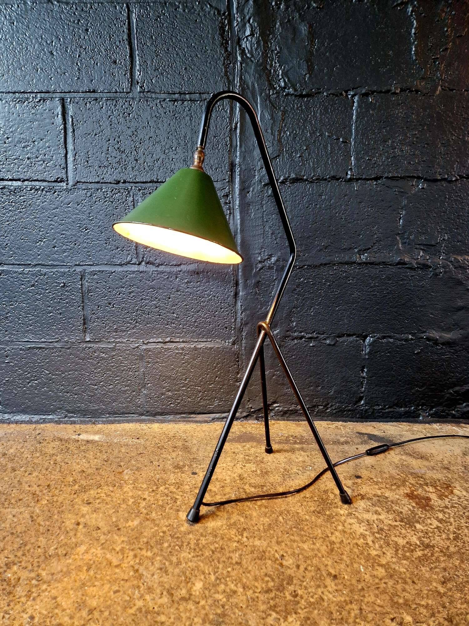 Industrial floor lamp in black lacquered metal and green enamelled sheet metal