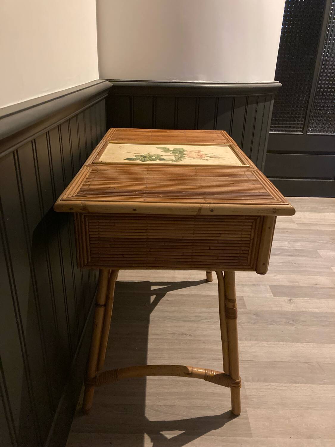 Hairdresser, vintage rattan desk, in the style of Audoux Minet.