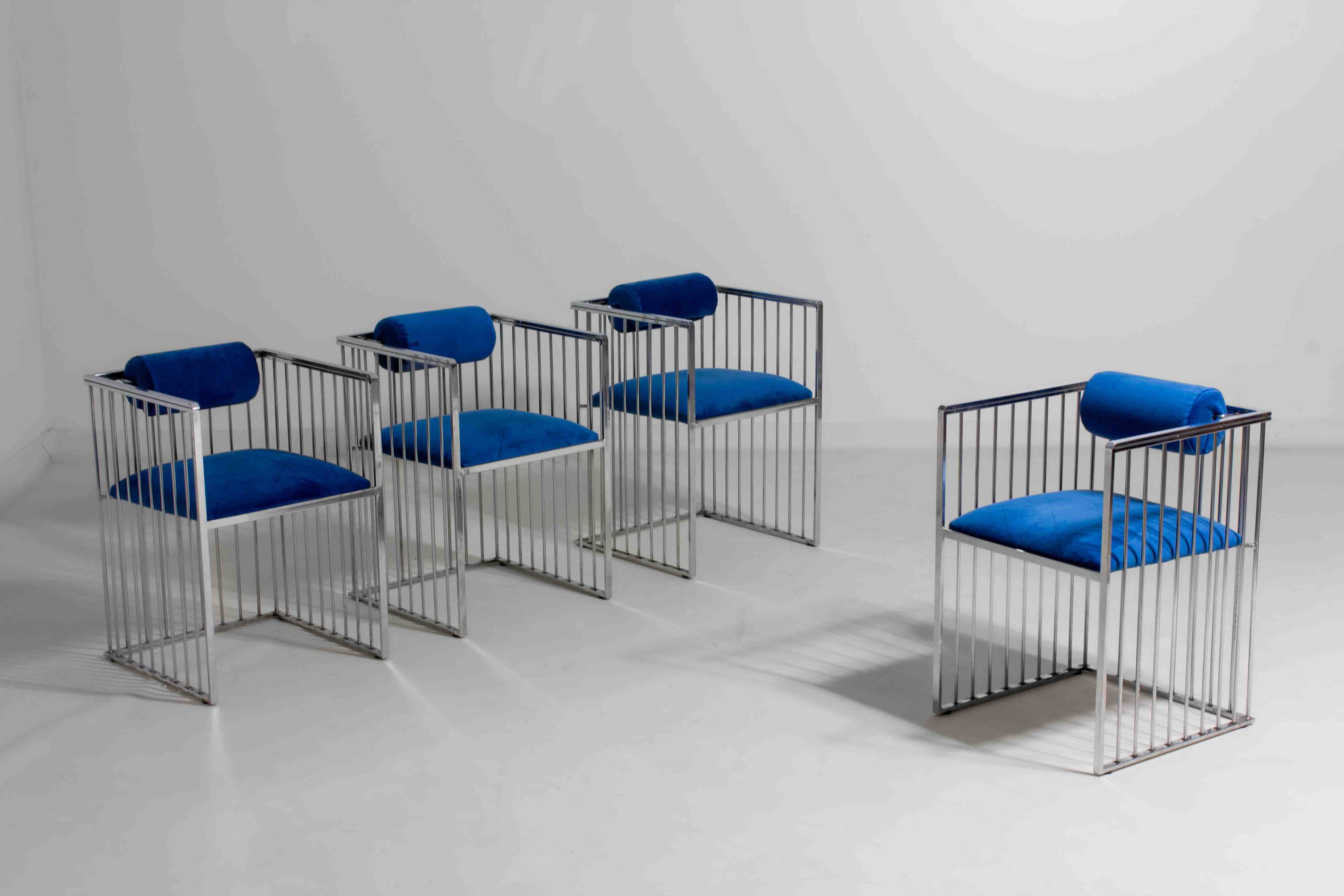 Set of four Italian modernist chrome chairs with royal blue velvet, 1970s