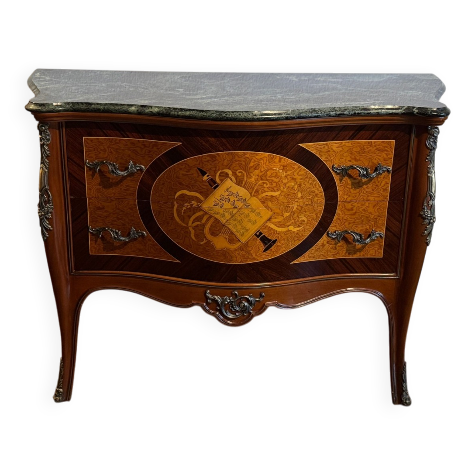 Exquisite Louis XV Style Bombé Commode with Musical Marquetry & Marble