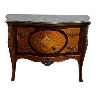 Exquisite Louis XV Style Bombé Commode with Musical Marquetry & Marble