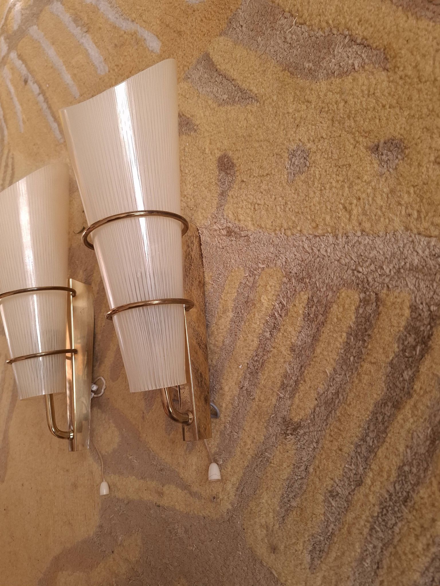 2 60's design wall lights in italian brass and glass