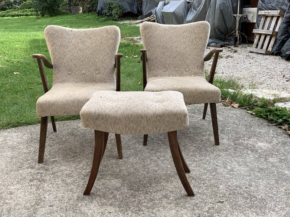 Art Deco set 1940 - 2 bridge chairs and a brown stool, wood and fabric.