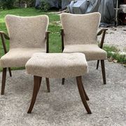 Art Deco set 1940 - 2 bridge chairs and a brown stool, wood and fabric.