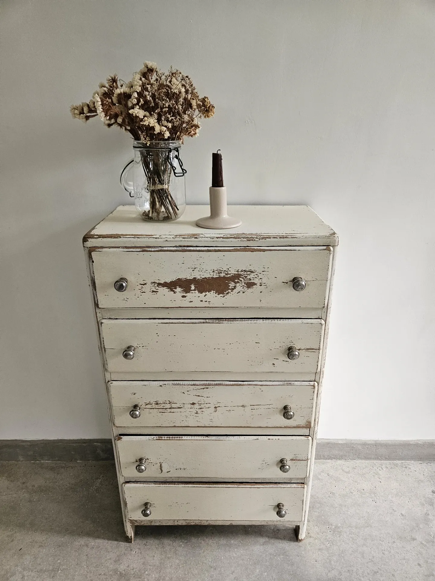 Chiffonier semainier parisien commode 5 tiroirs bois blanc vintage anc