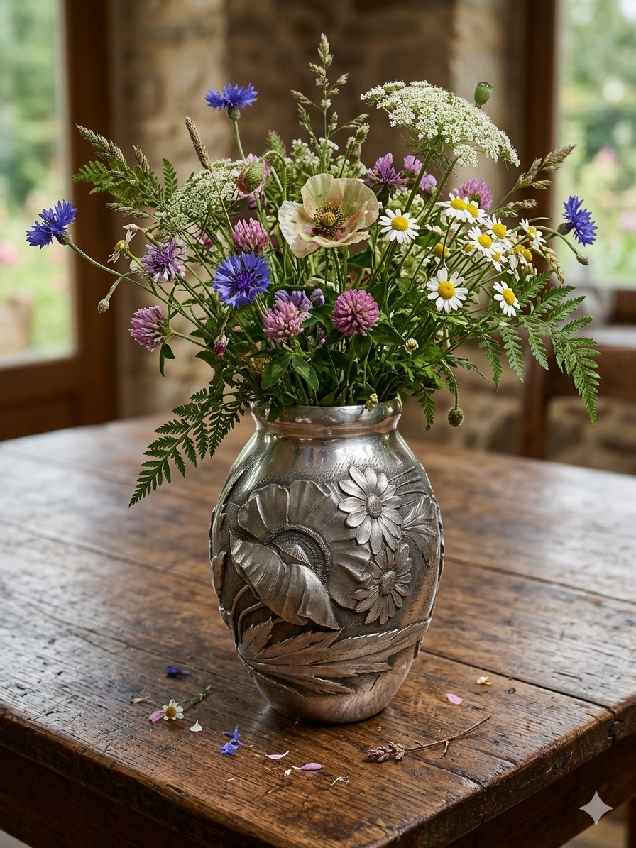Art Deco vase in repoussé tin Signed Houzeaux Floral decoration 30 cm