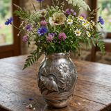 Art Deco vase in repoussé tin Signed Houzeaux Floral decoration 30 cm