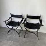 Pair of leather “curule” emperor armchairs