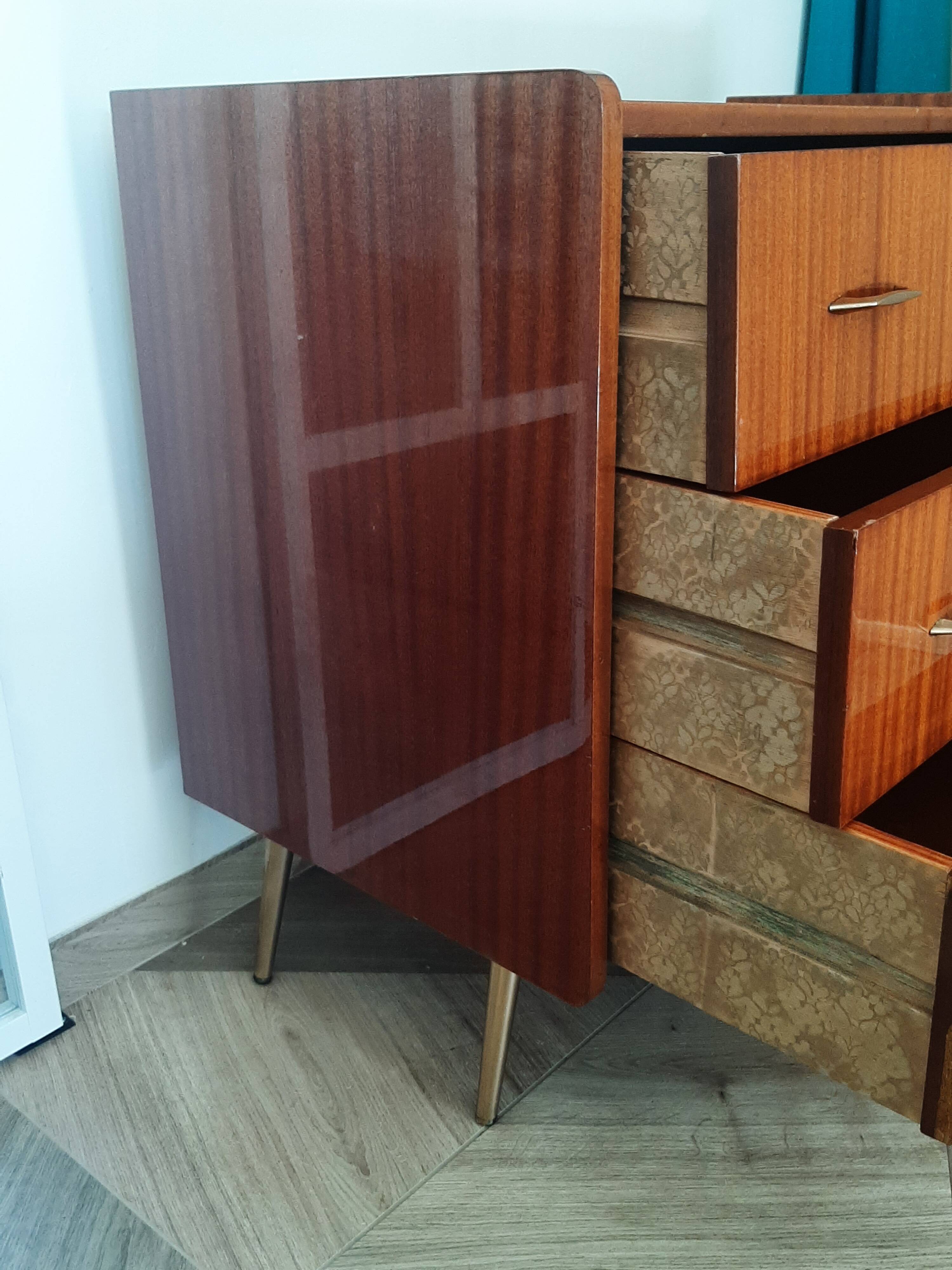 Vintage chest of drawers 3 drawers - varnished teak - Scandinavian style - retro patterns - 60s