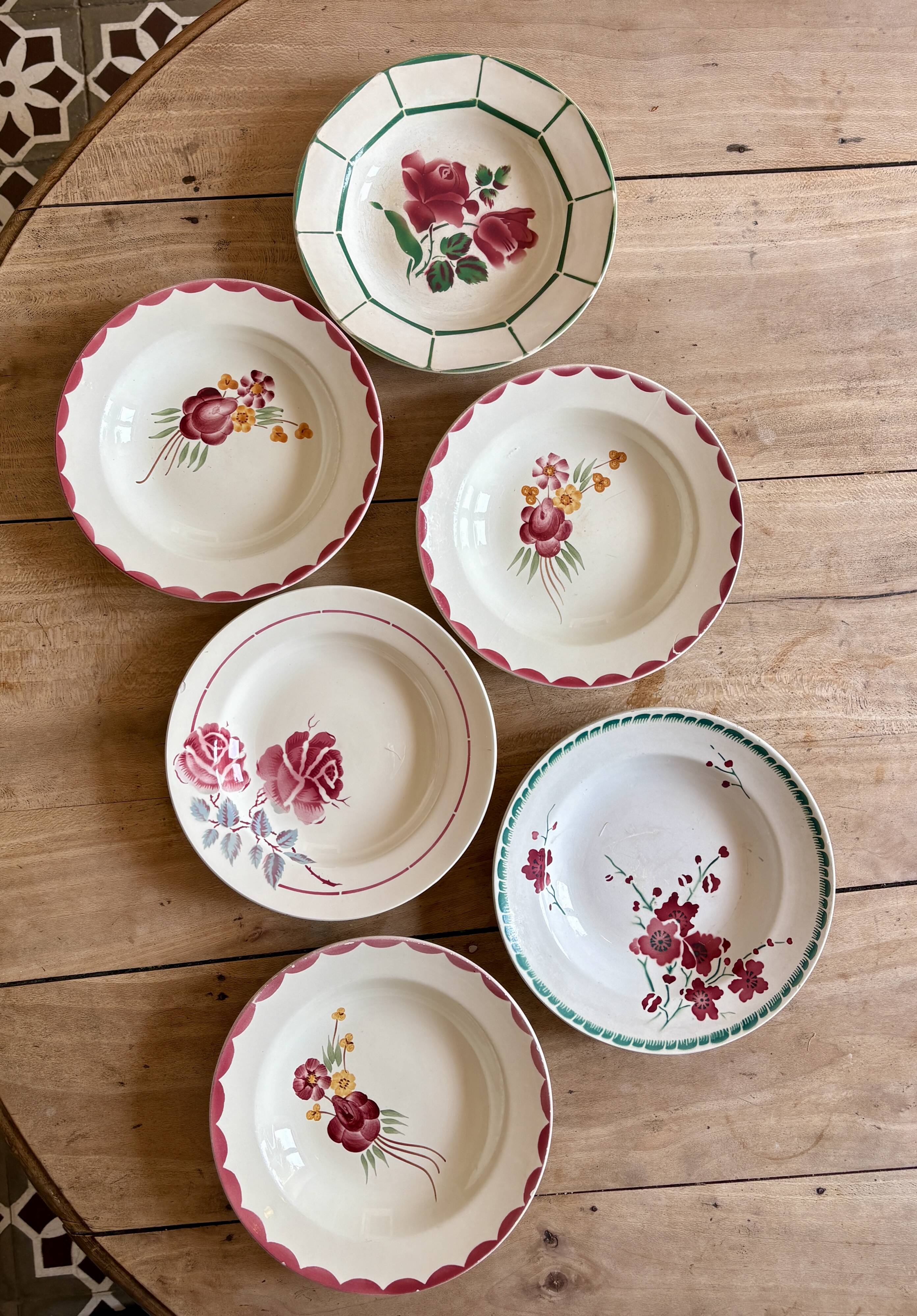 Set of 6 mismatched vintage soup plates