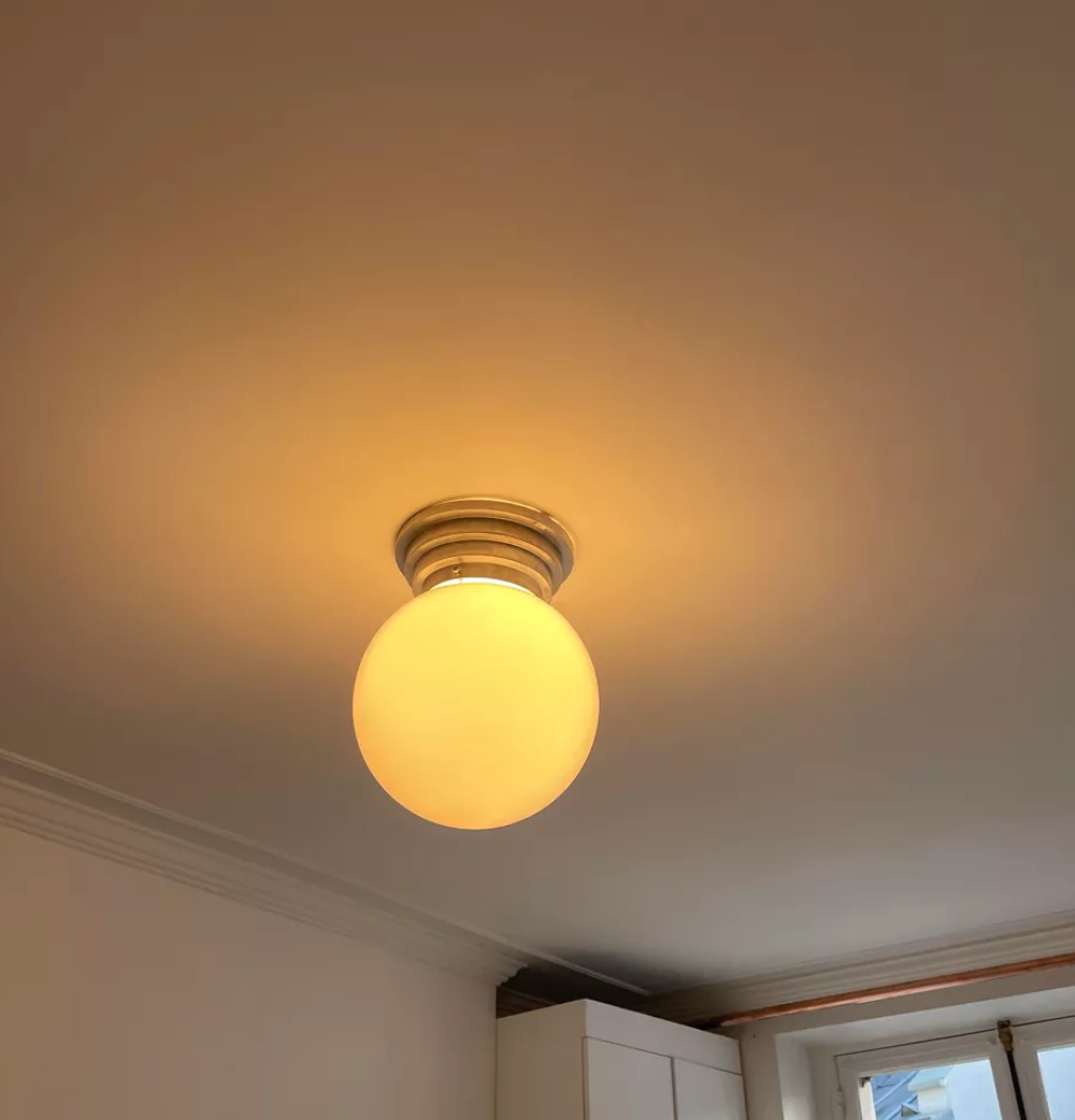 Modernist art deco stepped ceiling lamp, chrome and opaline, vintage