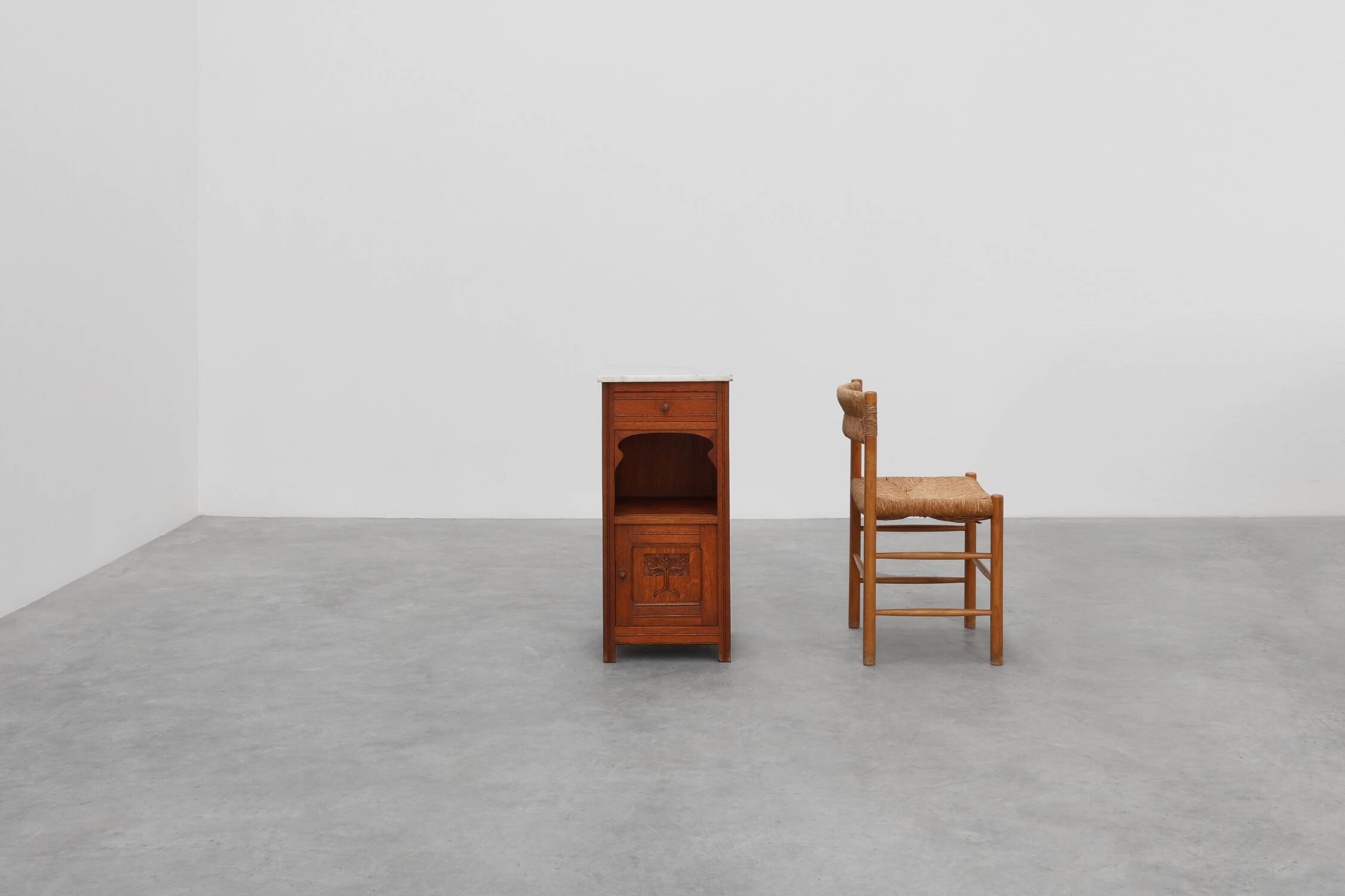 French Art Deco Wood & Grey Marble Top Nightstand, 1920s