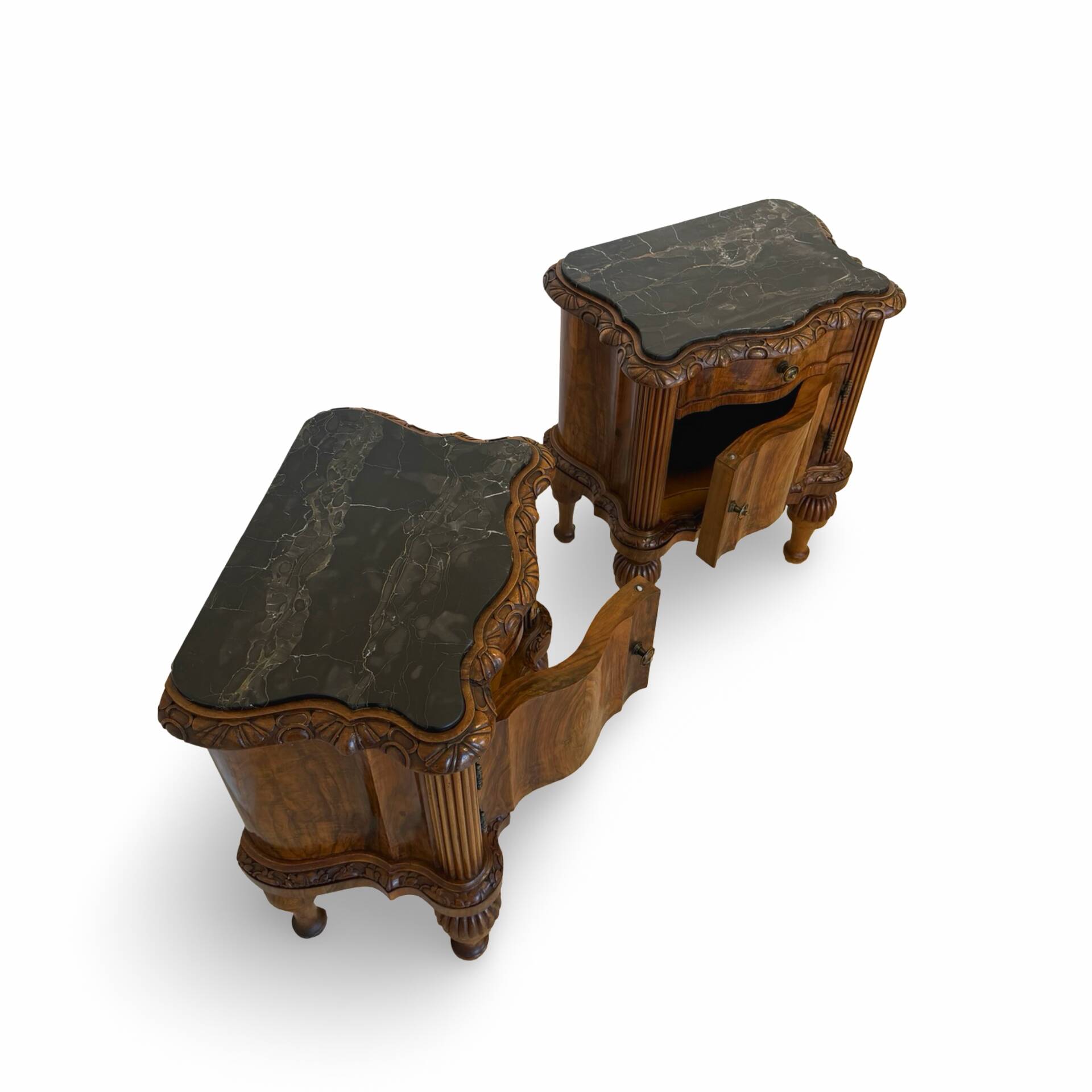 art deco walnut serpentine nightstands, 1920s