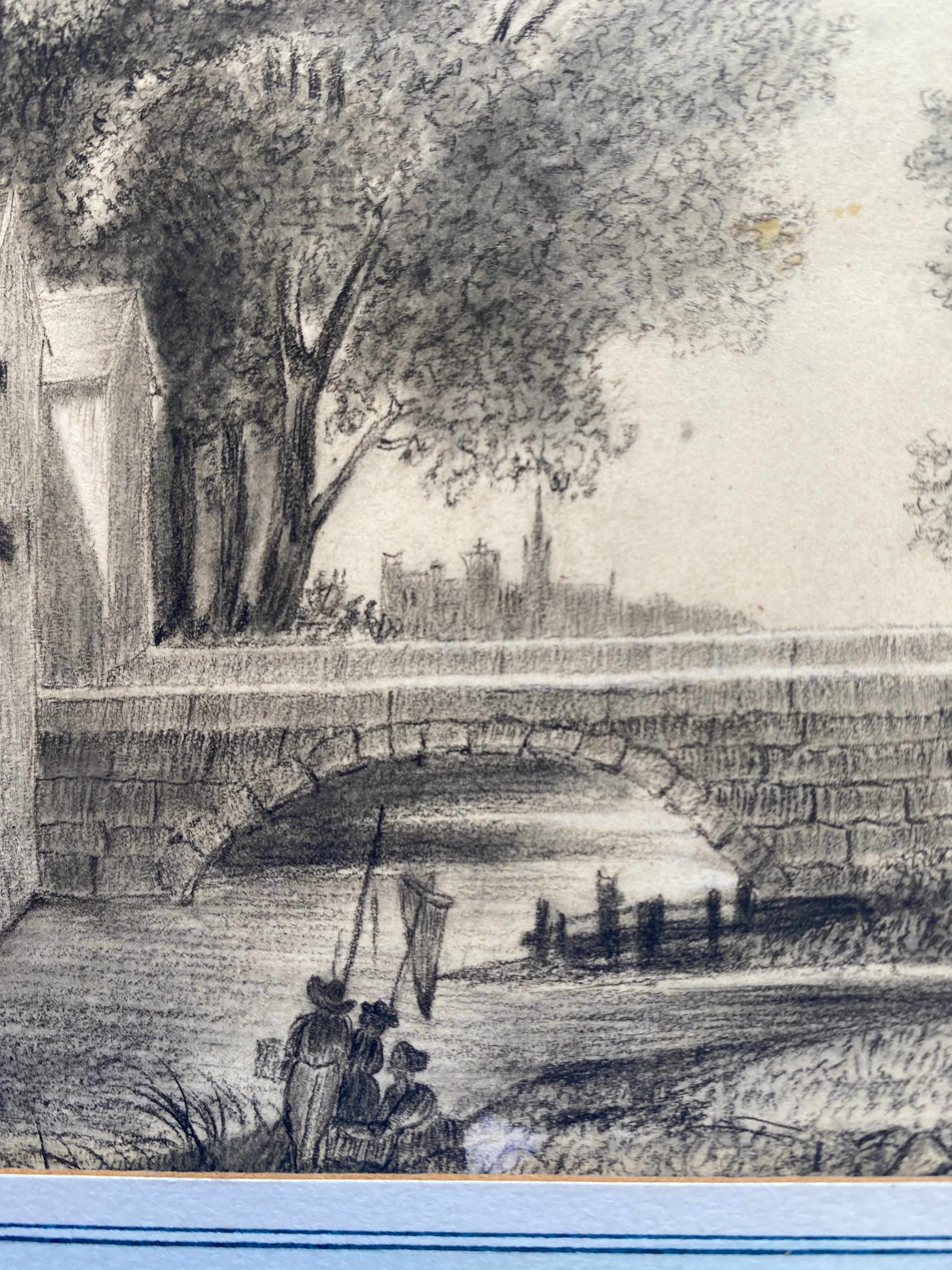 Painting drawing XIX ° Dijon St Benigne fisherman l'Ouche and frame