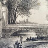 Painting drawing XIX ° Dijon St Benigne fisherman l'Ouche and frame