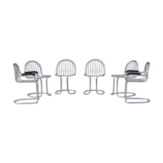 4 chairs & 2 armchairs in chrome-plated steel wire by Gastone Rinaldi, Italy 1970s