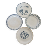 4 assiettes plates anciennes terre de fer faience bleue dépareillées