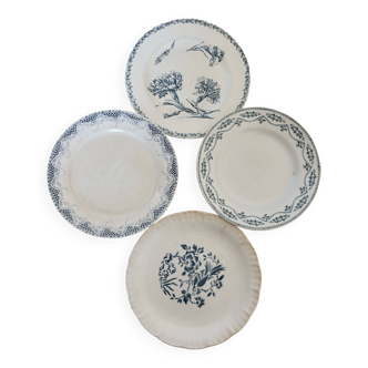 4 assiettes plates anciennes terre de fer faience bleue dépareillées