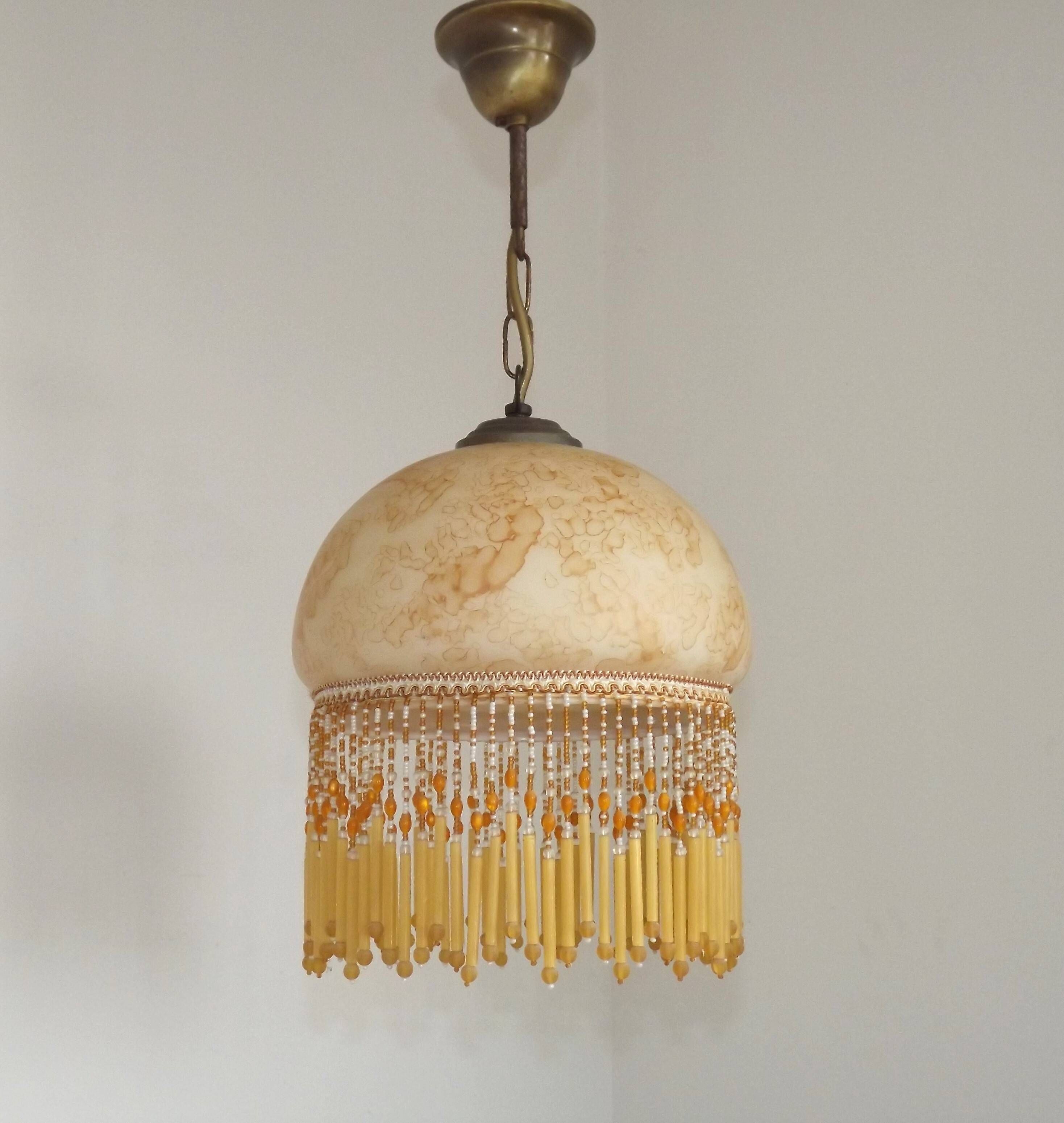 Mid Century Amber Mottled Glass Ceiling Light with Beaded Glass Fringe