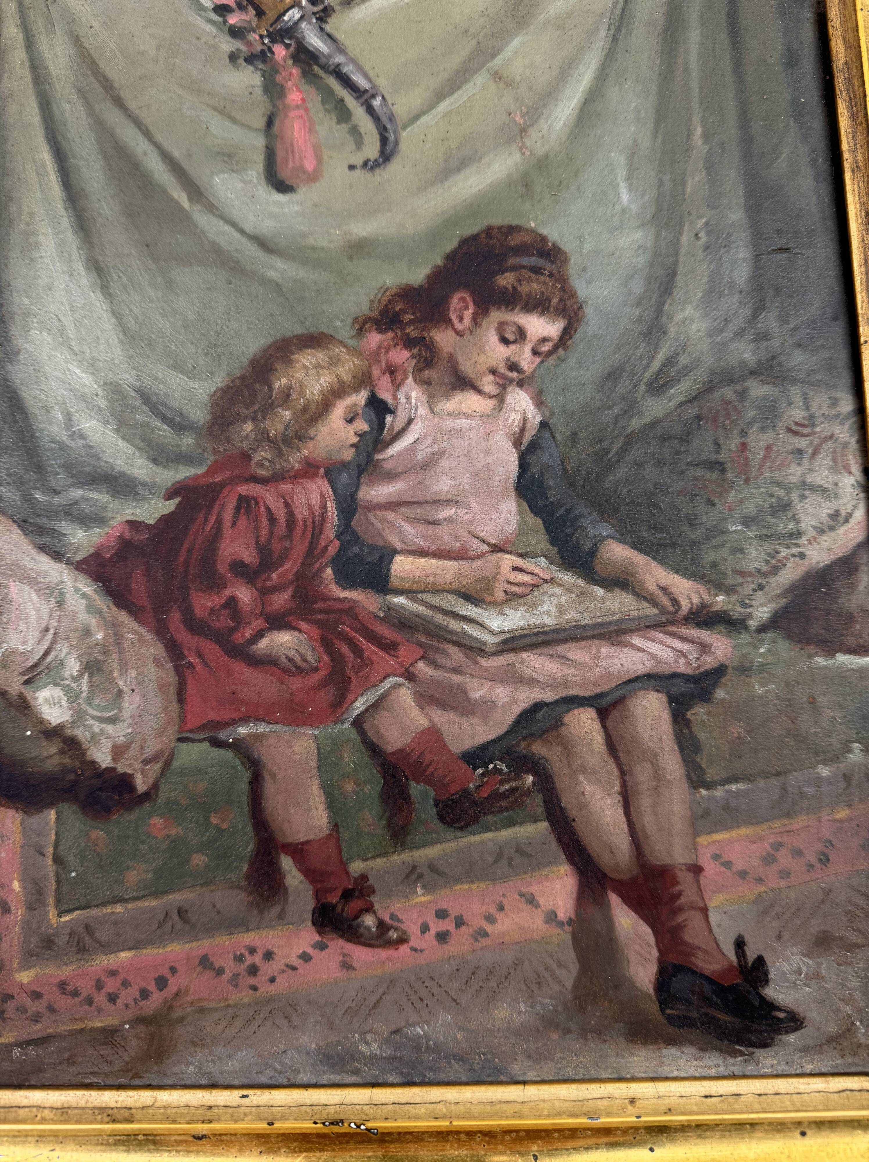 19th century French school: oil on panel "the drawing lesson" circa 1860