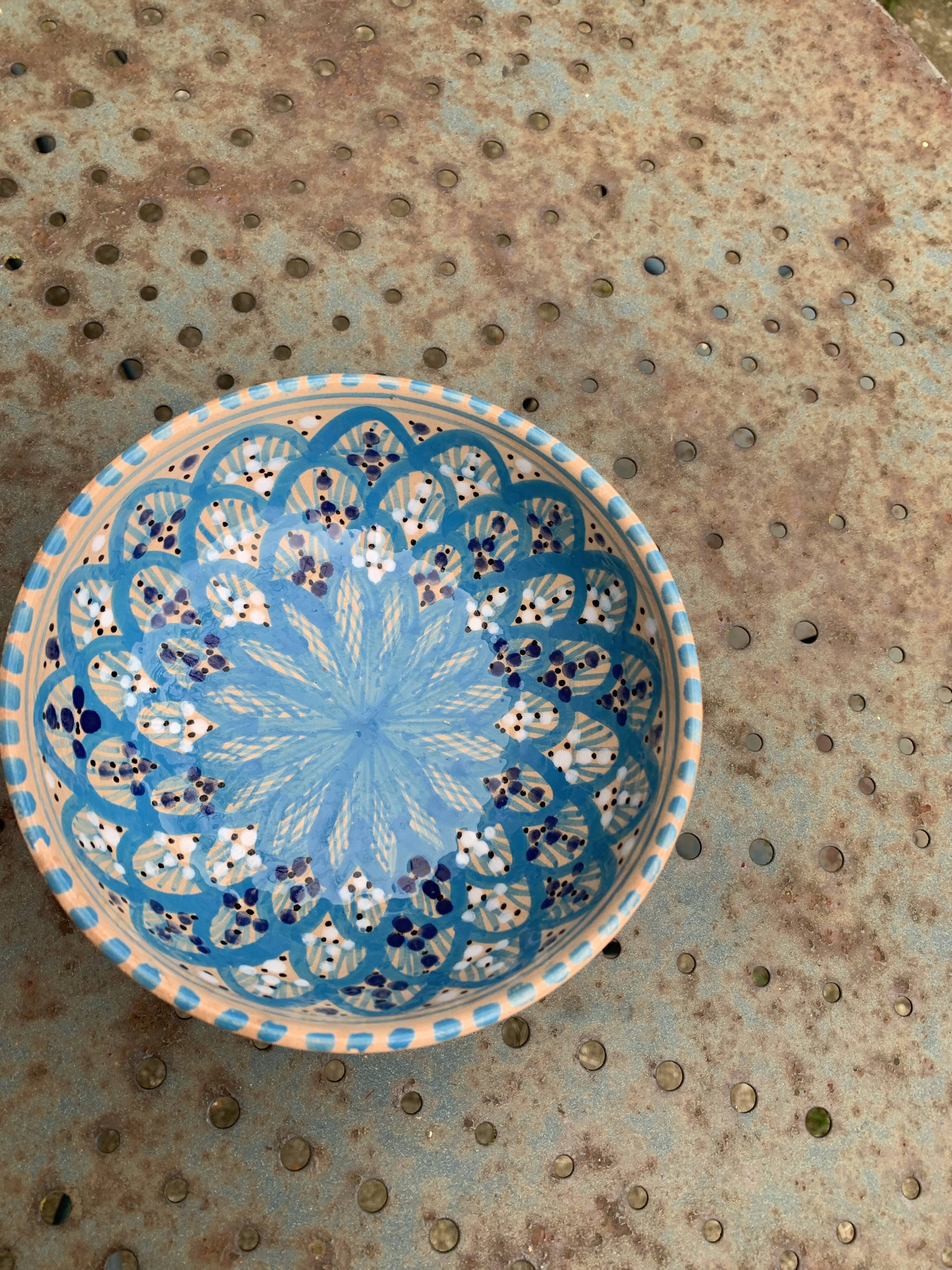 Two bowls, enameled ceramic cups, red and blue, artisanal, hand painted made in Italy