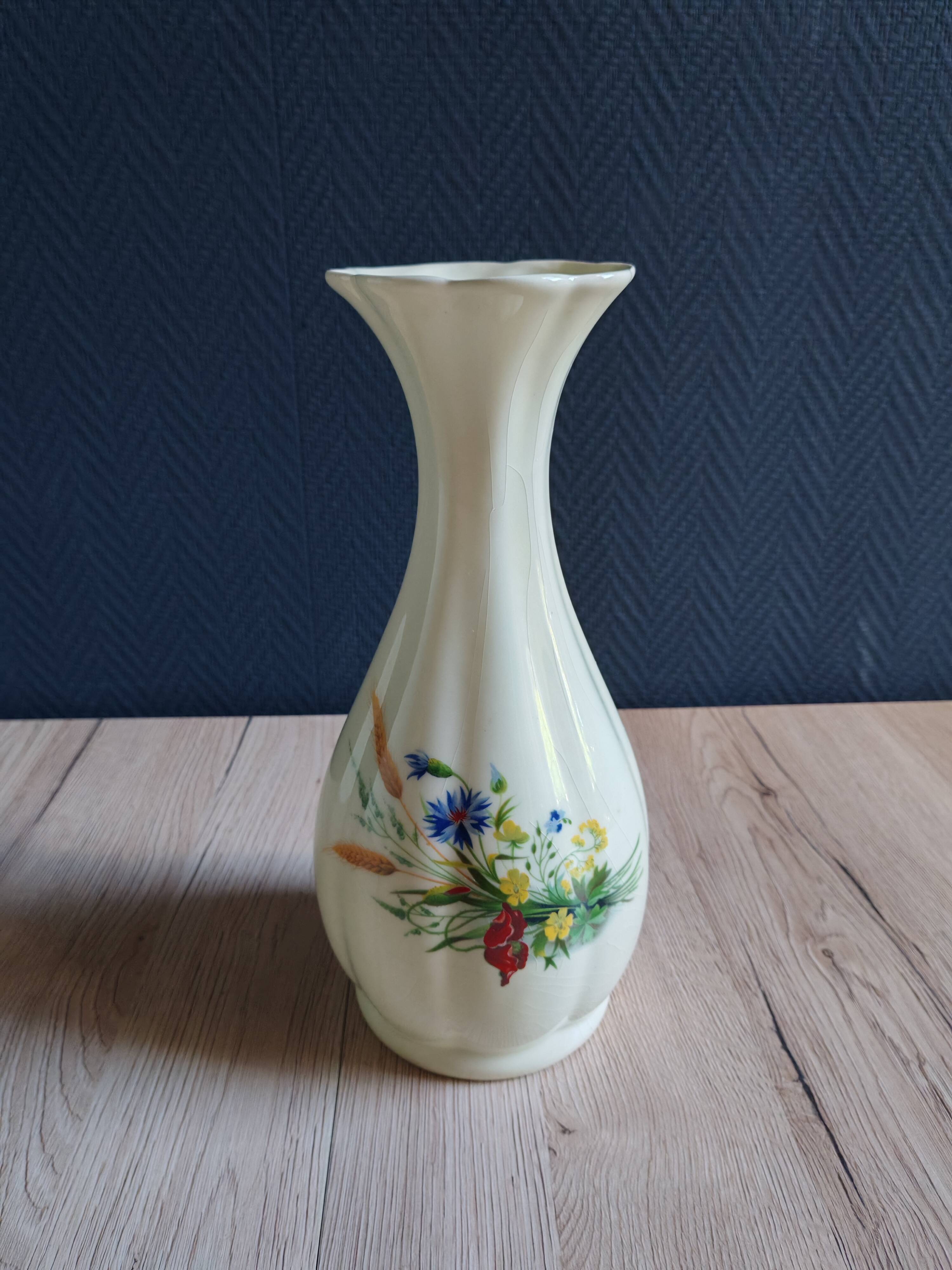 Vintage White Broken Ceramic Vase with Floral Pattern, Ribbed Vase