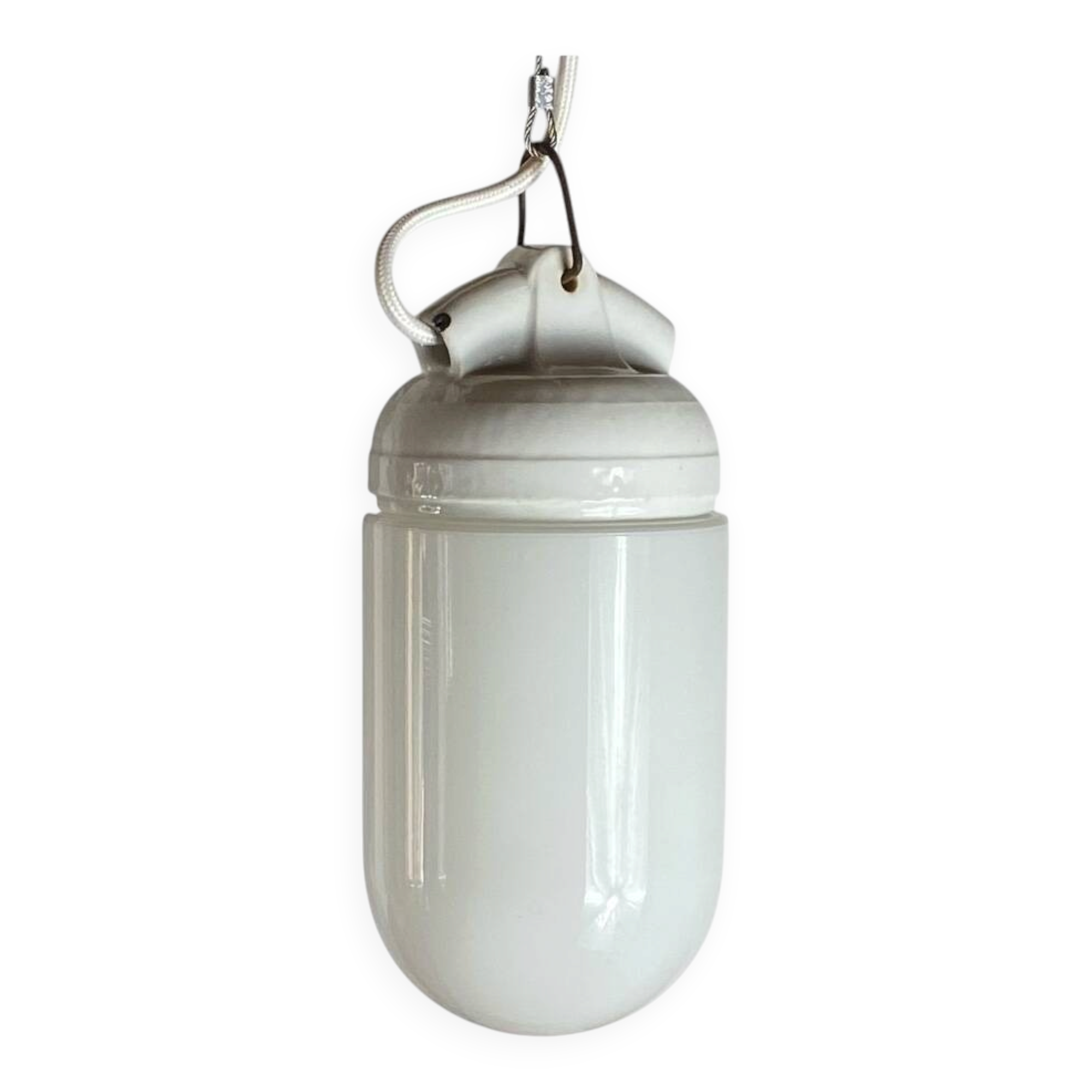 Industrial suspension in white glass and porcelain, vintage model.