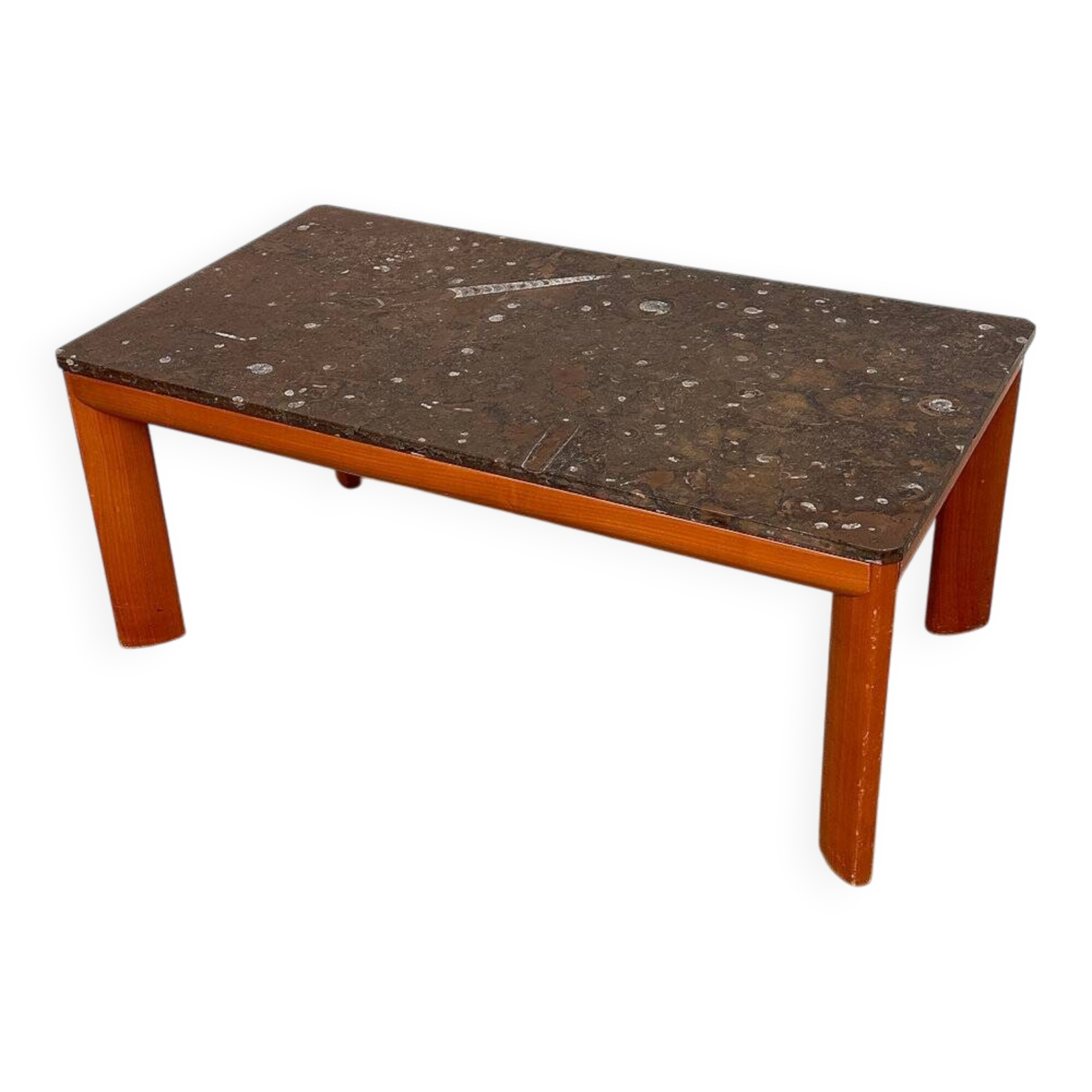 1970s modernist fossil marble coffee table with wooden base