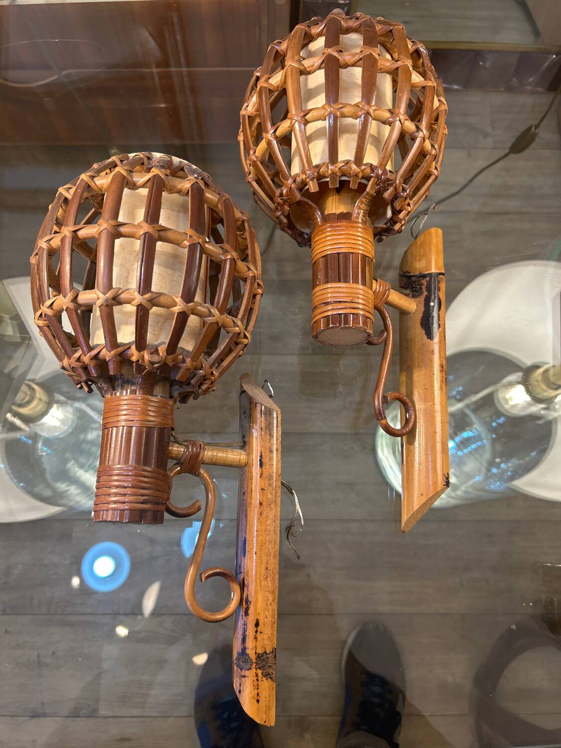 Pair of wall lights, rattan, 1950