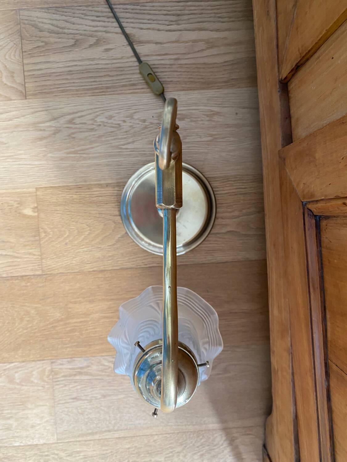 Large art deco brass lamp with swan neck and glass tulip globe
