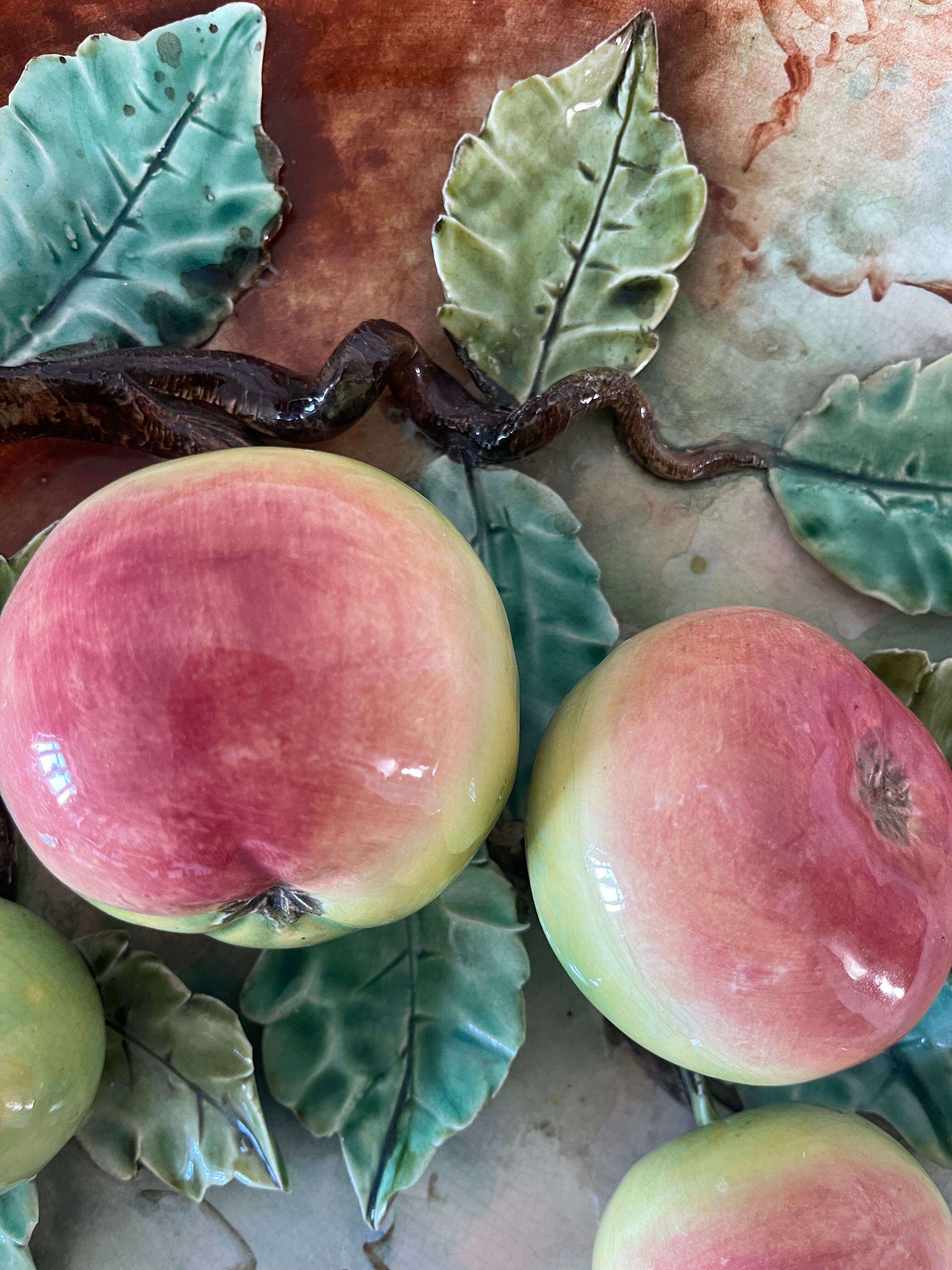 Ceramic flat polychrome slip circa 1900 decorated with apple trees