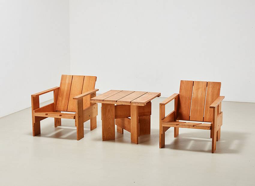 Gerrit Rietveld Pair of Crate Chairs + Table for Cassina 1934/ 1979