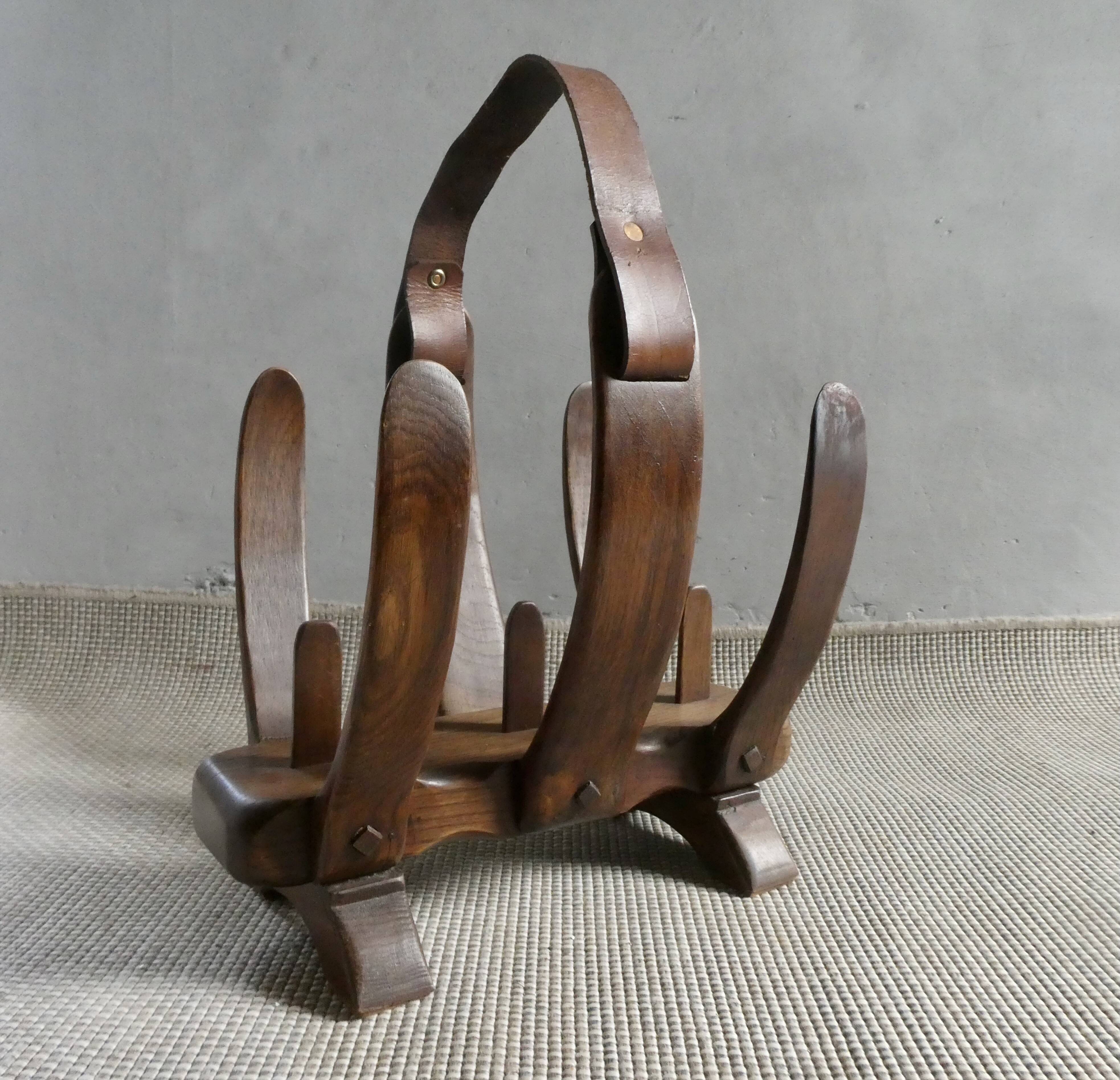 Oak and leather magazine rack, 60s-70s