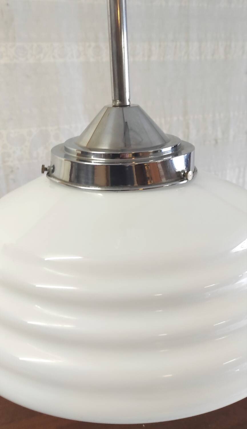 Bauhaus pendant light in chrome metal and opaline globe - 1950s