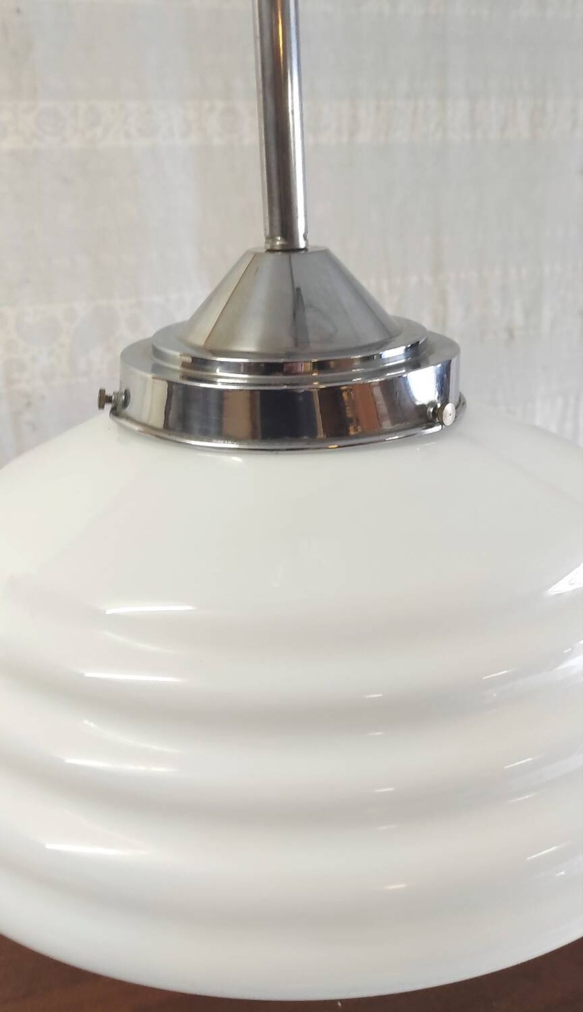 Bauhaus pendant light in chrome metal and opaline globe - 1950s