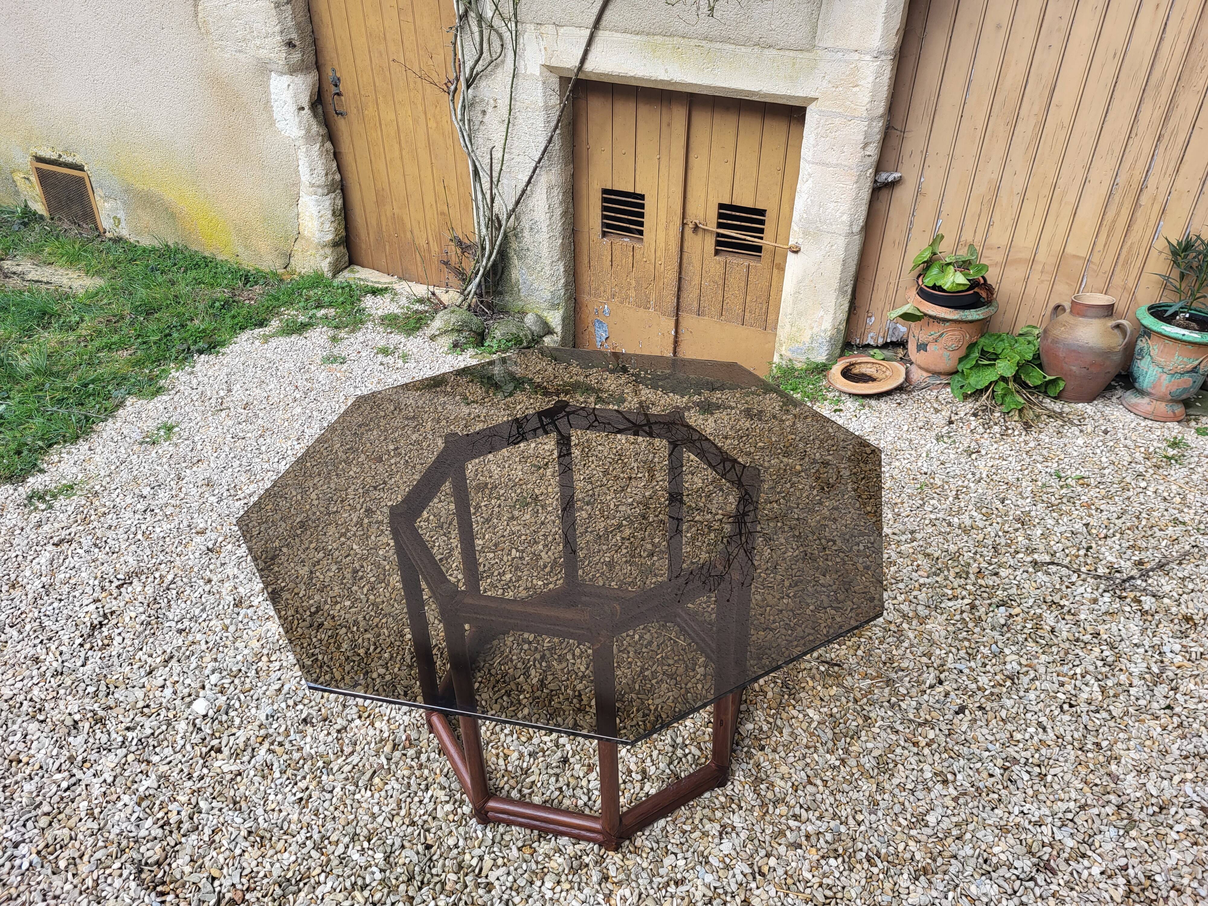 Wood table bamboo style smoked glass 70s
