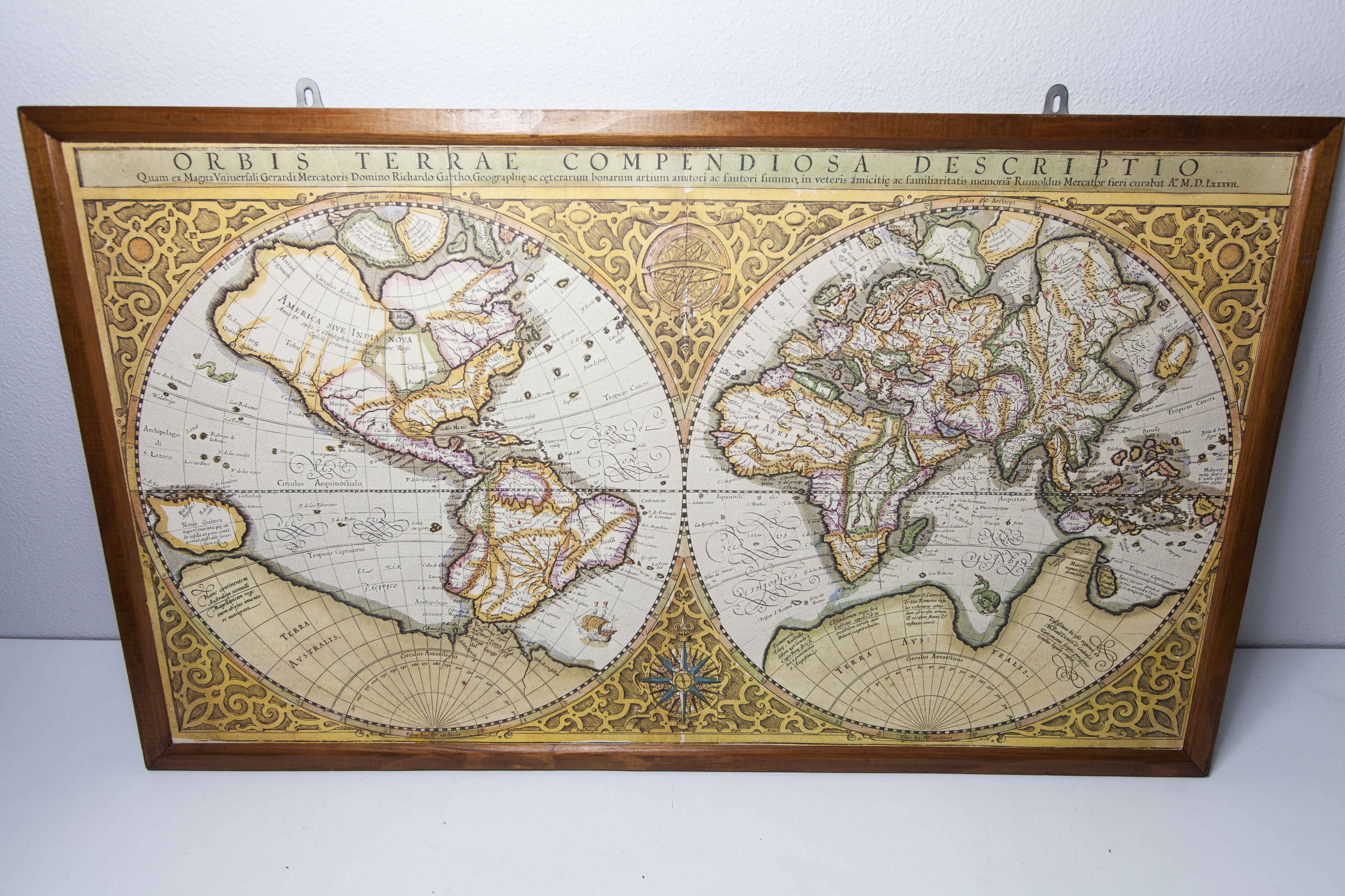 Frame and map "Orbis terrae compendiosa descriptio", Reproduction of an engraving Gérard Mercator
