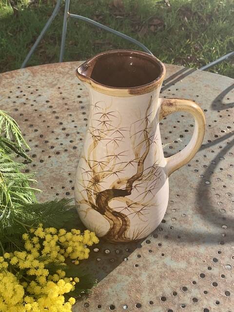 Vase, enameled ceramic jug, chiseled tree motif, west germany vintage 1970, numbered 3047