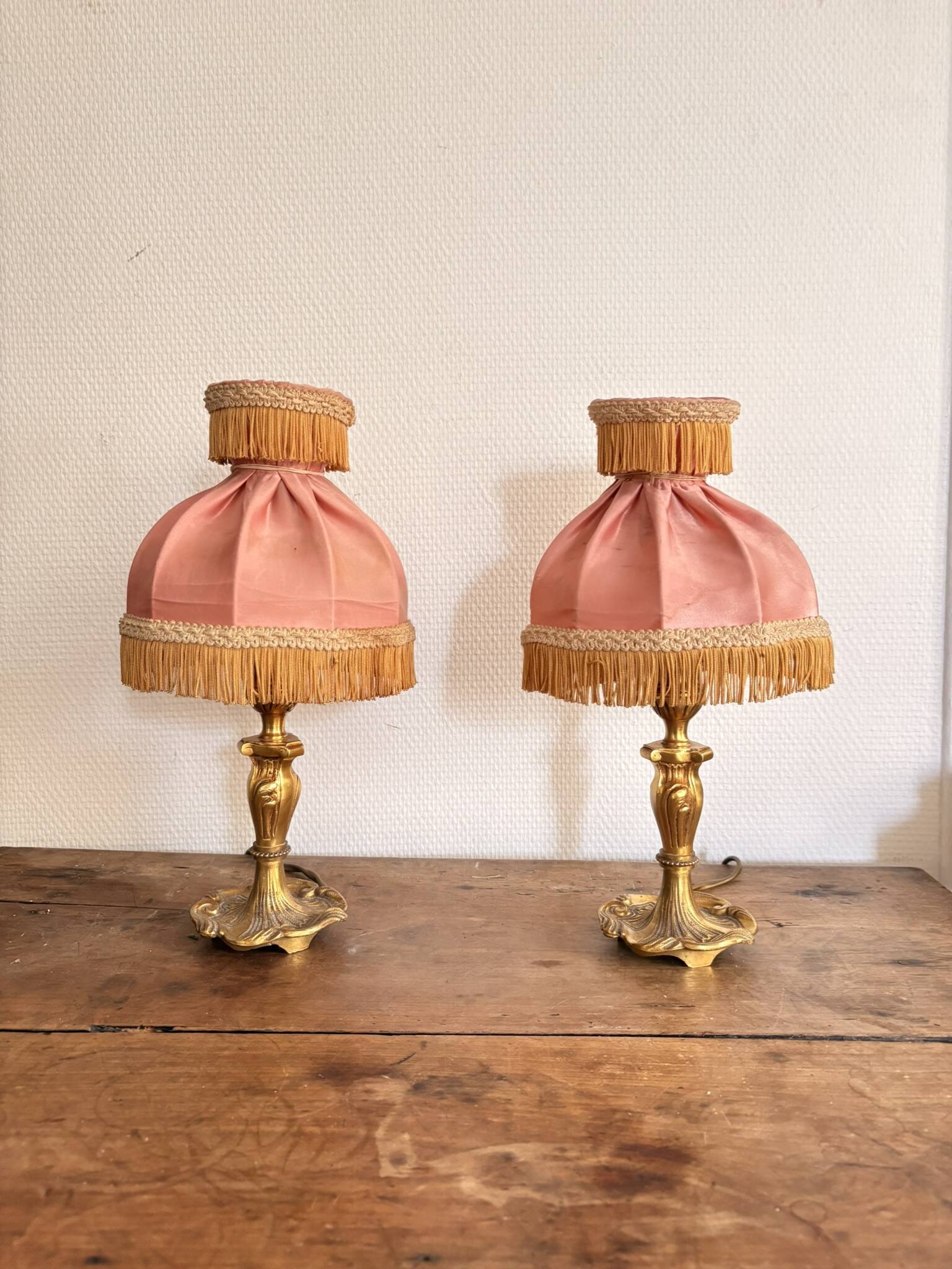 Pair of Bedside Lamps in Gilded Bronze with Pink Silk Shades and Fringes in Louis XV Style