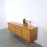 Mid-century notenhout fineer dressoir met 3 lades