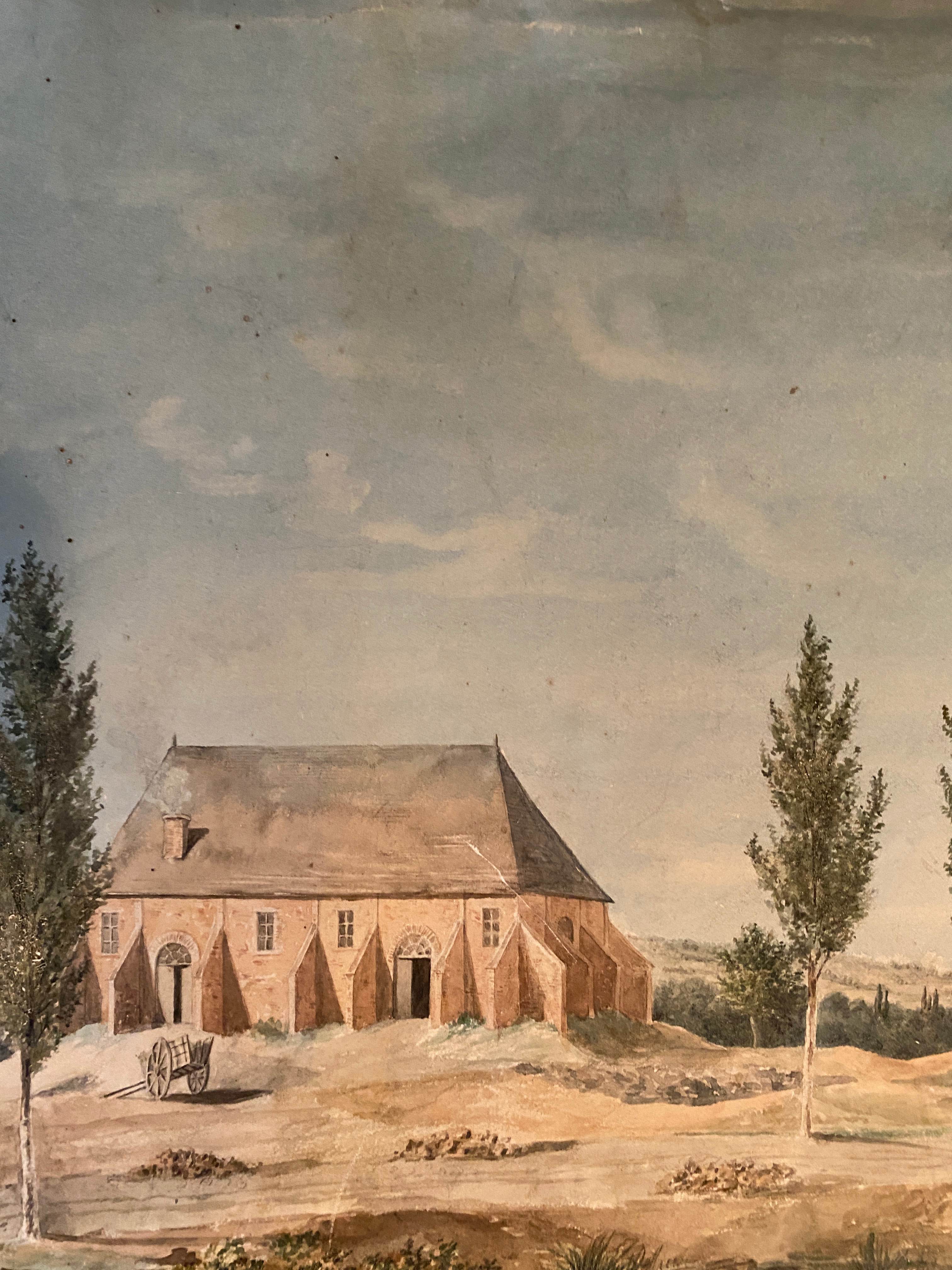 Watercolor painting "Landscape with Abbey village and pasture" XIXth century