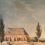 Tableau aquarelle "Paysage avec Abbaye village et pâturage" XIX° siècle