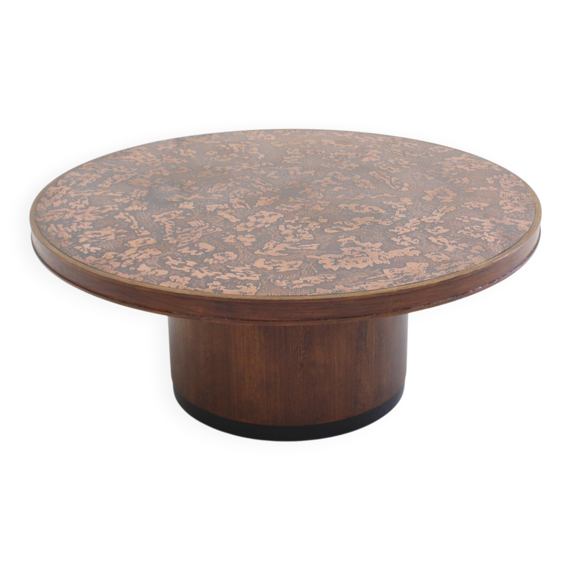 Vintage brutalist copper and wood round coffee table 1970s