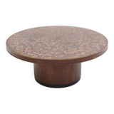 Vintage brutalist copper and wood round coffee table 1970s