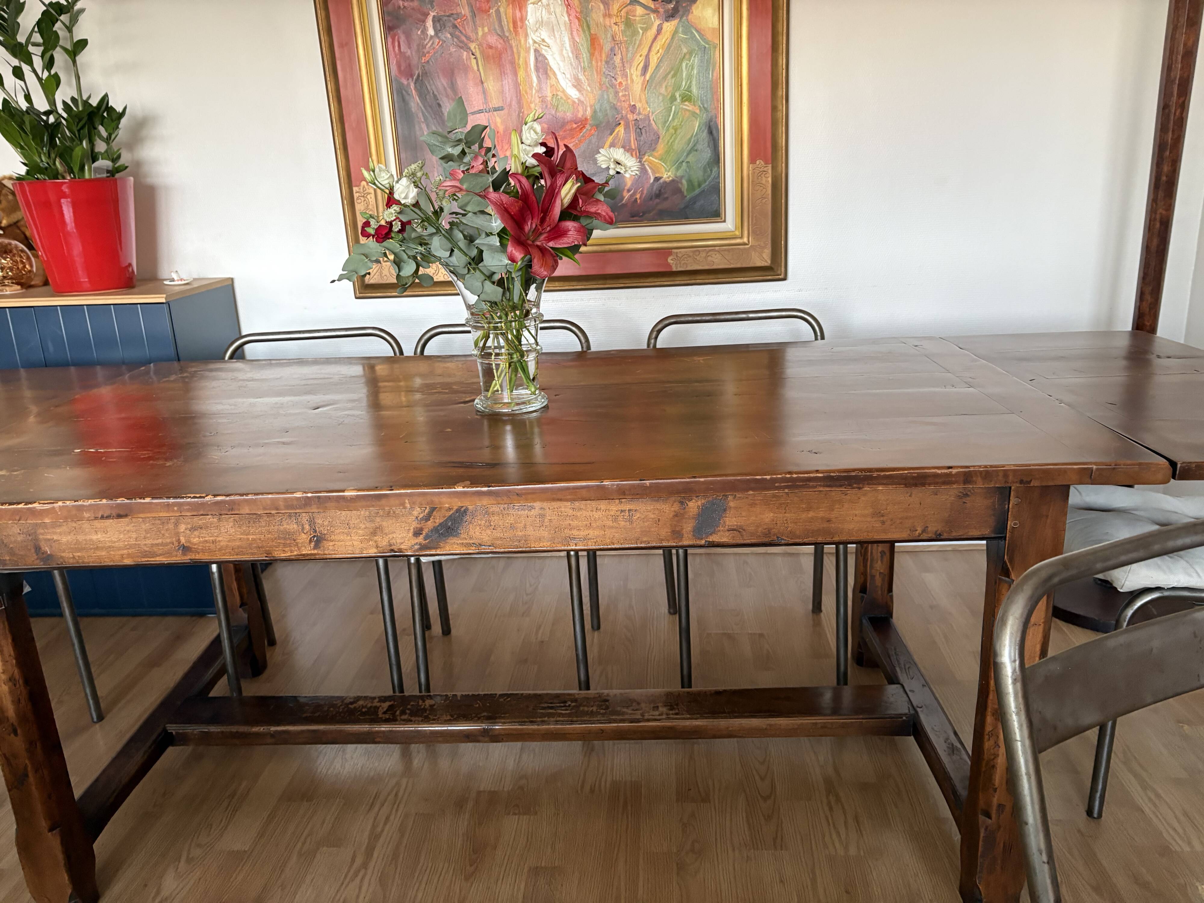 Solid cherry farmhouse table + 8 metal chairs - 2 extensions