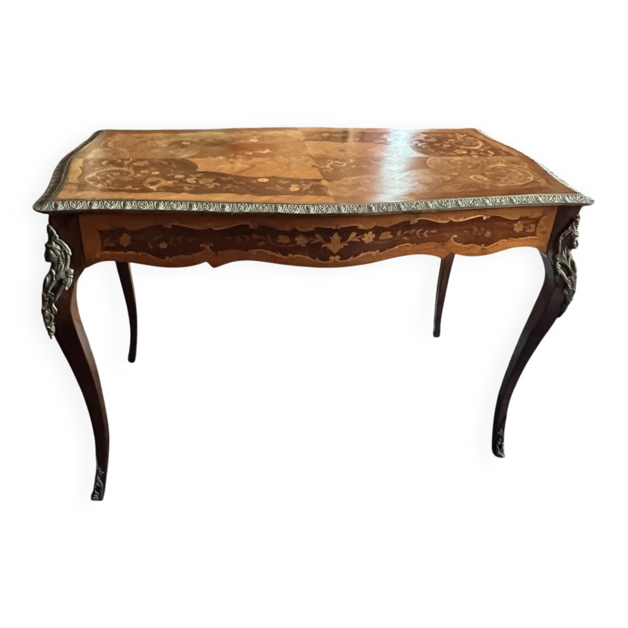 Desk, rosewood marquetry table, bronze ornaments dating from the late 19th century.