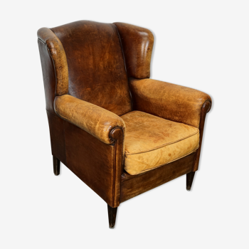 Dutch cognac colored wingback leather club chair
